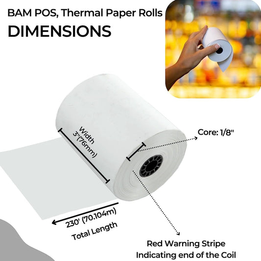 3-1/8" x 230 Thermal Paper Rolls - 48 GSM, Bright White, BPA Free - Easy to Use - Pack of 50 Rolls Per Case
