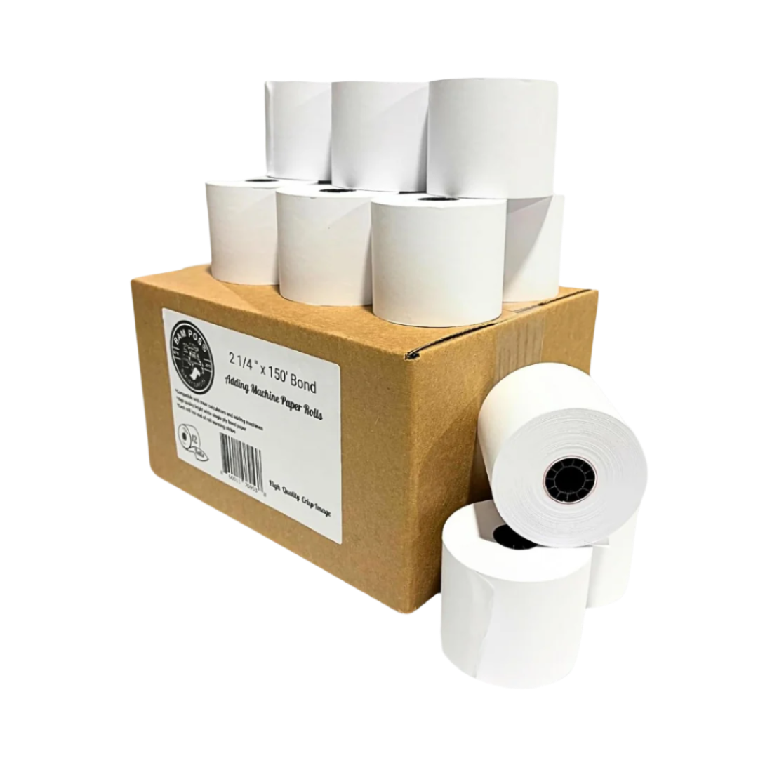 2 1/4" x 150' 1-Ply Bond Paper - 12 Rolls