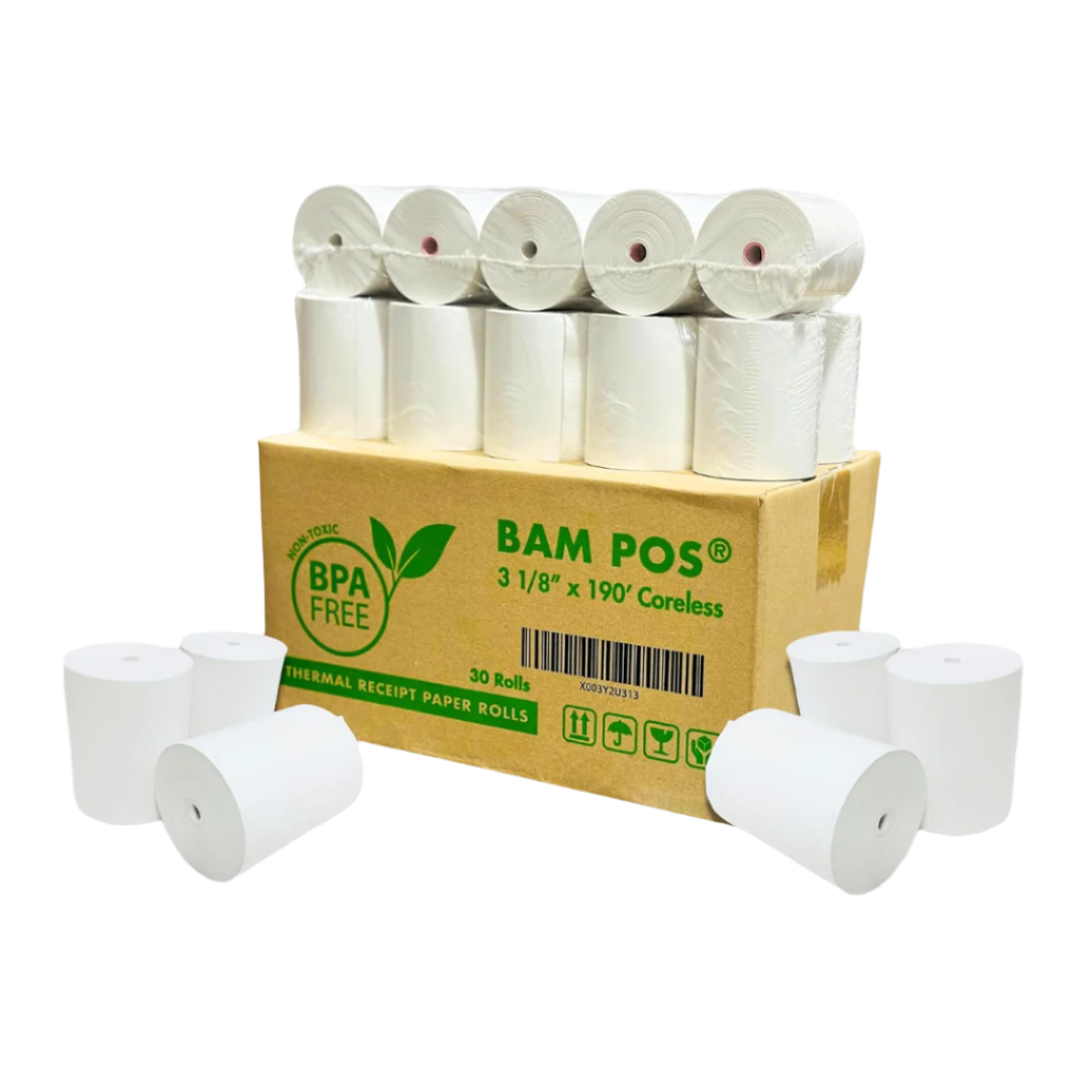 3 1/8" x 190' Thermal Receipt Paper Coreless - 30 Rolls