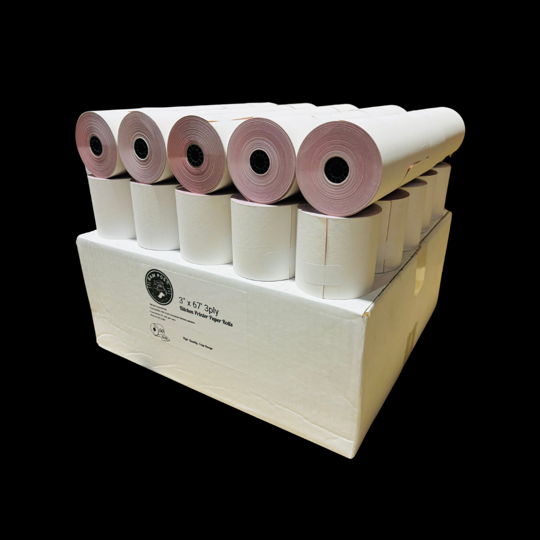 3" X 67' 3-Ply Bond Paper - White, Canary, Pink - 50 Rolls