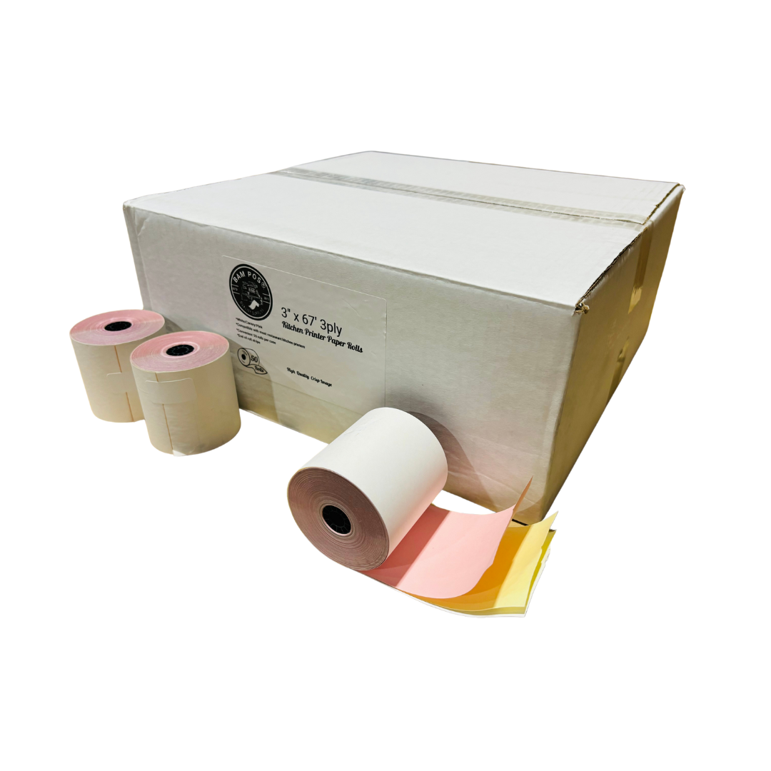 3" X 67' 3 Ply Bond Paper - White, Canary, Pink - 50 Rolls