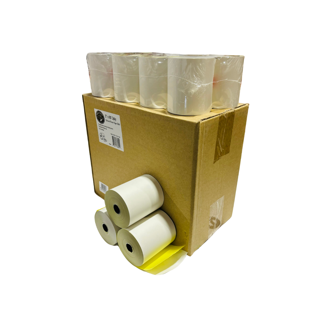 3” x 90' 2-Ply Carbonless White/Canary Bond Paper - 24 Rolls