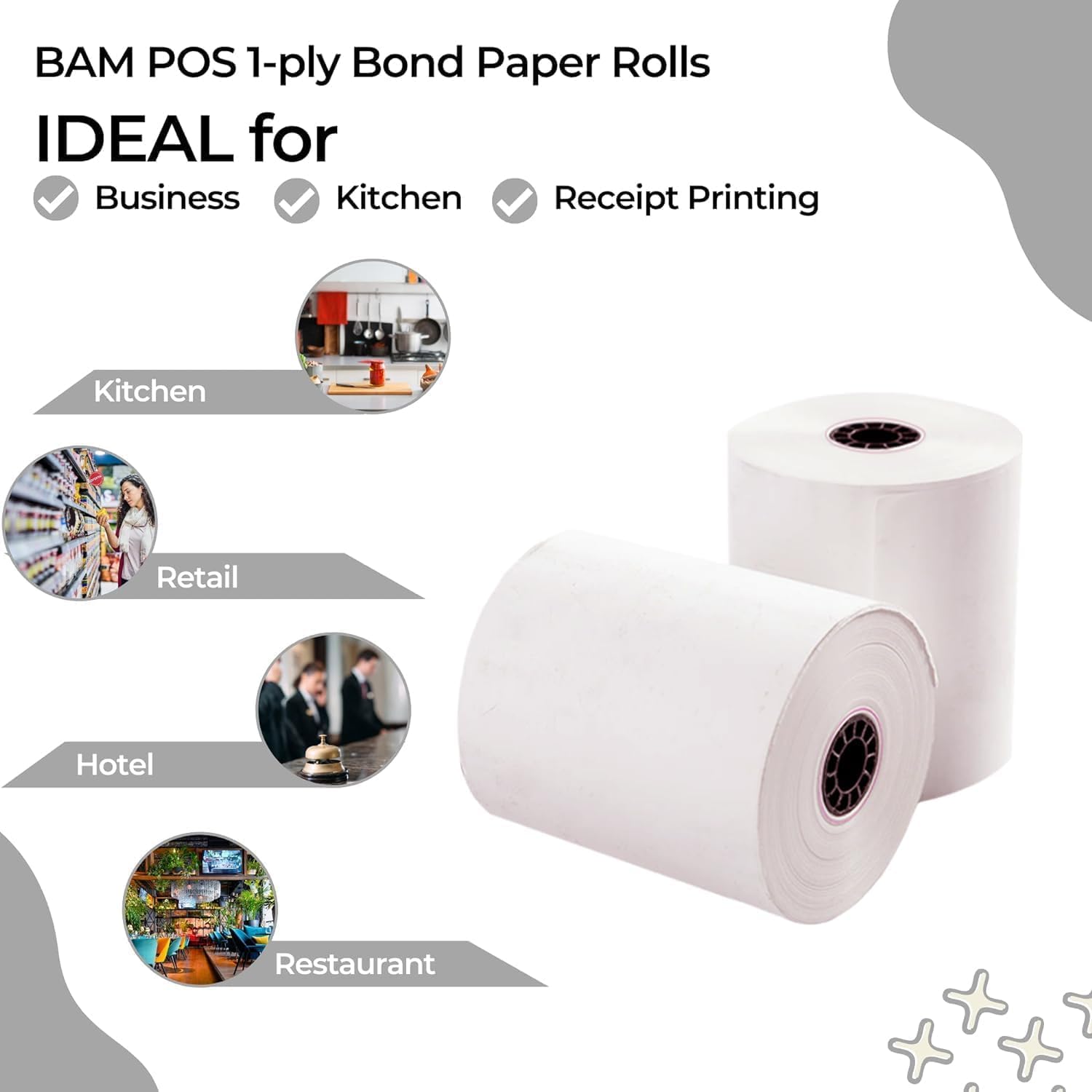 1Ply Bond Receipt Paper Rolls 3 x 150 White Paper for Kitchen Impact Printers TMU200 SRP275 Star SP700 Suitable For Printing Kitchen Tickets and Order receipts 24 Rolls Per Case