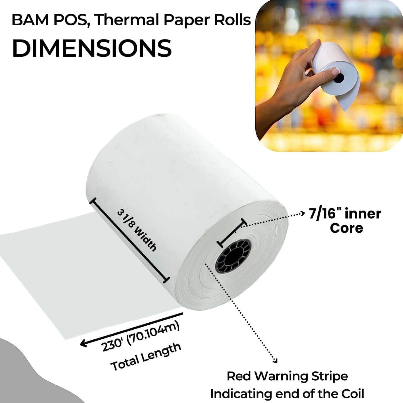 3-1/8" x 230 Thermal Paper Rolls - 48 GSM, Bright White, BPA Free - Easy to Use - Pack of 50 Rolls Per Case