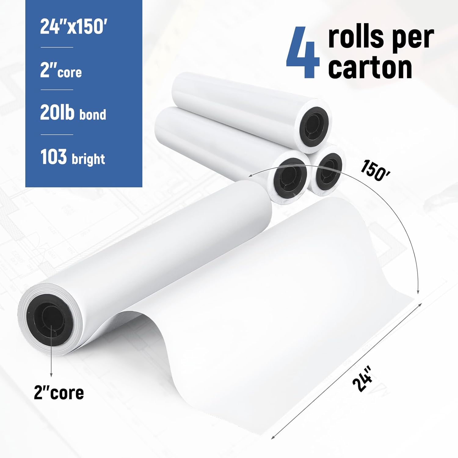 Plotter Paper 24"x 150' Wide Format Blueprint Paper, 4 Rolls, Goefun 20lb CAD Bond Rolls on 2" Core for CAD Printing on Inkjet Printers