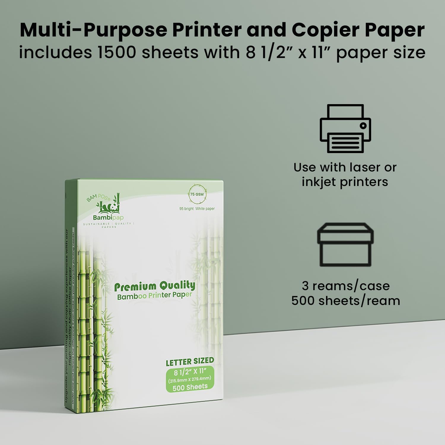 Bamboo Printer Paper - 8 1/2” x 11”- 20LB Multipurpose White Paper - Made from Bamboo Fiber, Renewable Resources, Zero Trees Used - 3 reams (1500 Sheets)