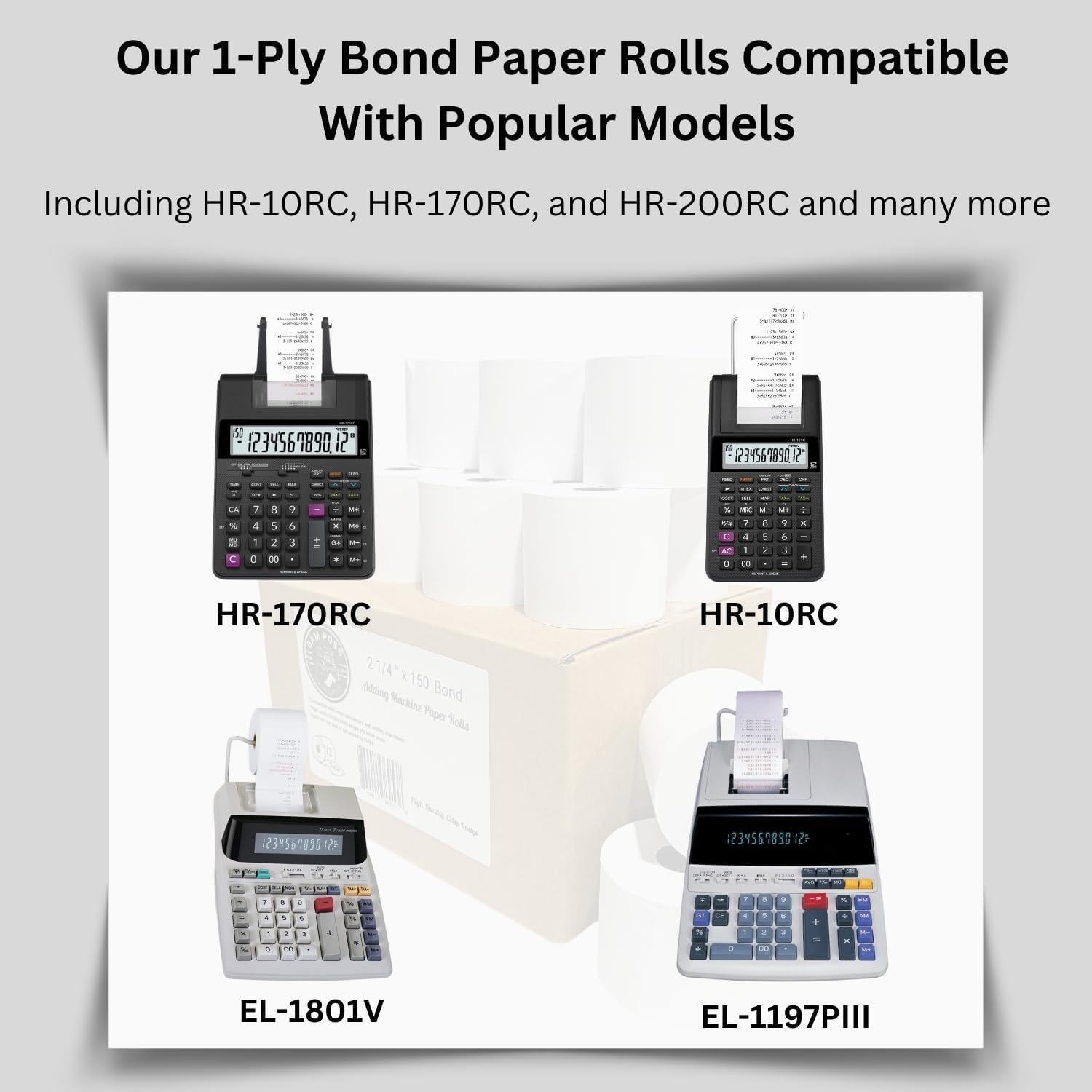 2 1/4" x 150' 1-Ply Bond Paper Rolls - For Machines & Calculators - Clear Prints - Compatible with HR-10RC, HR-170RC, HR-200RC, EL-1197PIII, EL-1801V, P23-DHV-3, CP-90A, & More (12 Rolls)