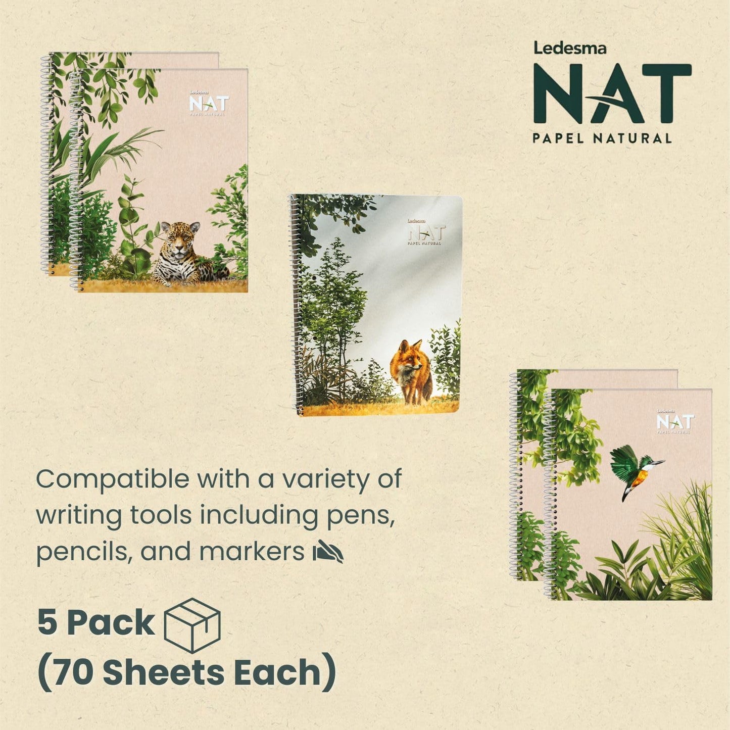 Spiral Lined Notepad with Perforated Edges - 8.7x11.5 Inches, No Tree Used, Sugarcane Fiber - Unbleached, Assorted Covers for School, Office & Writing (5-Pack)