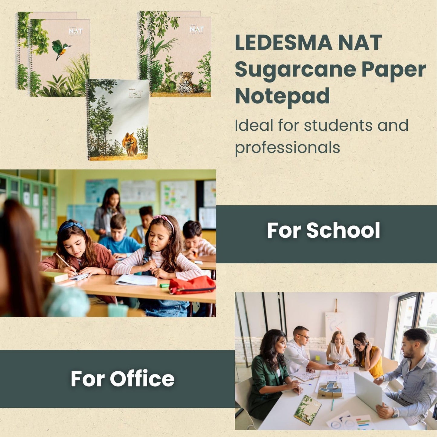 Spiral Lined Notepad with Perforated Edges - 8.7x11.5 Inches, No Tree Used, Sugarcane Fiber - Unbleached, Assorted Covers for School, Office & Writing (5-Pack)