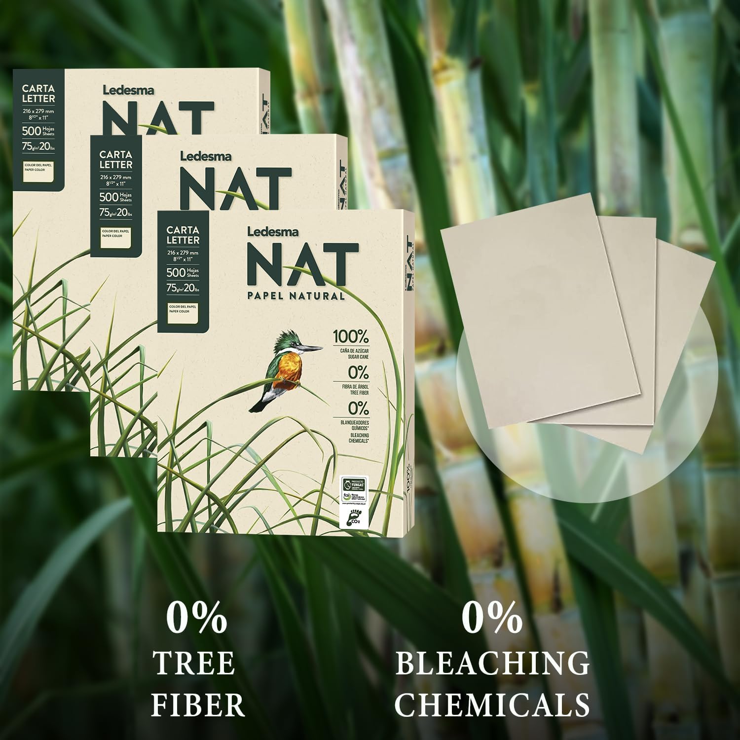 Ledesma NAT, Letter Size (8.5"x11") Natural Sugarcane Pulp Printer Paper, for All Office and Photocopy Printers, Designs, Crafts (3 Reams (1500 Sheets))