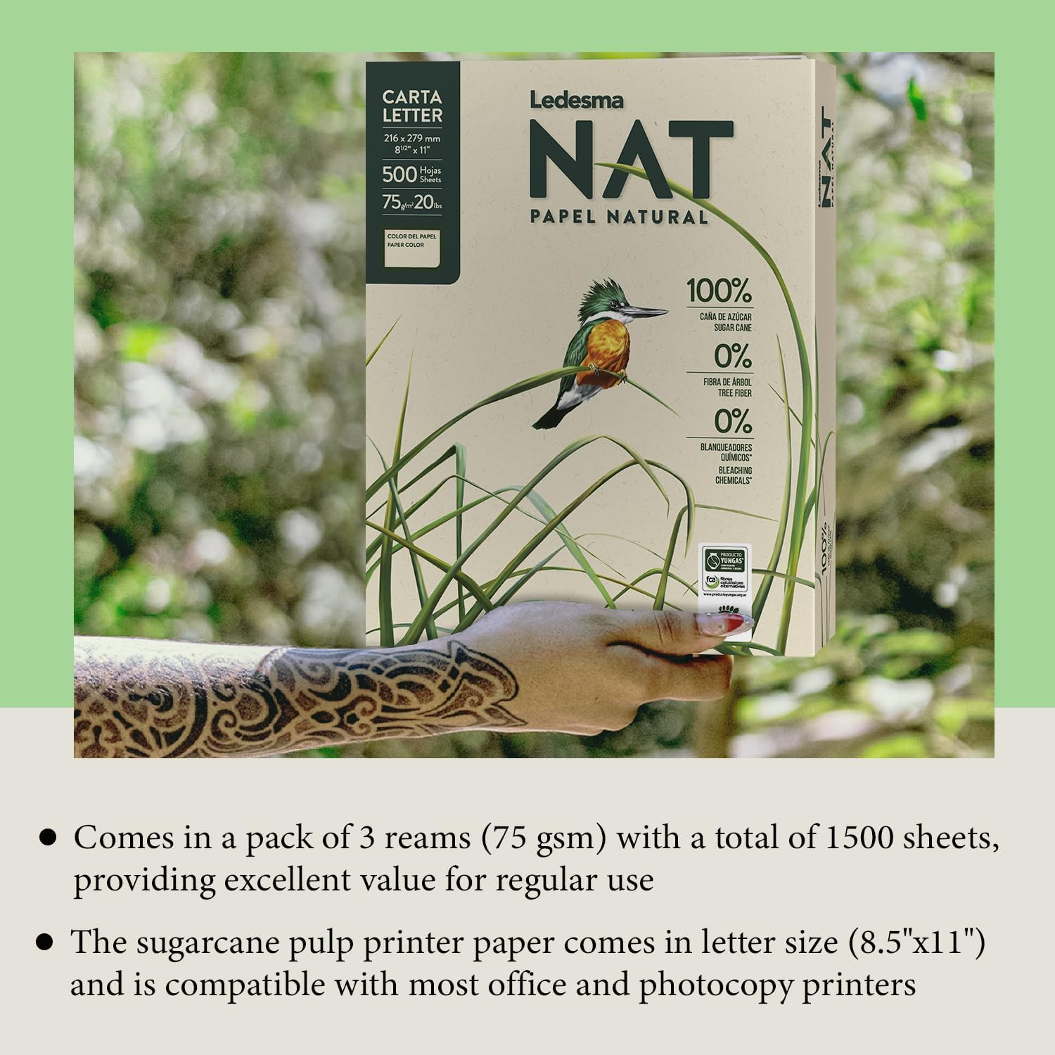 Ledesma NAT, Letter Size (8.5"x11") Natural Sugarcane Pulp Printer Paper, for All Office and Photocopy Printers, Designs, Crafts (3 Reams (1500 Sheets))
