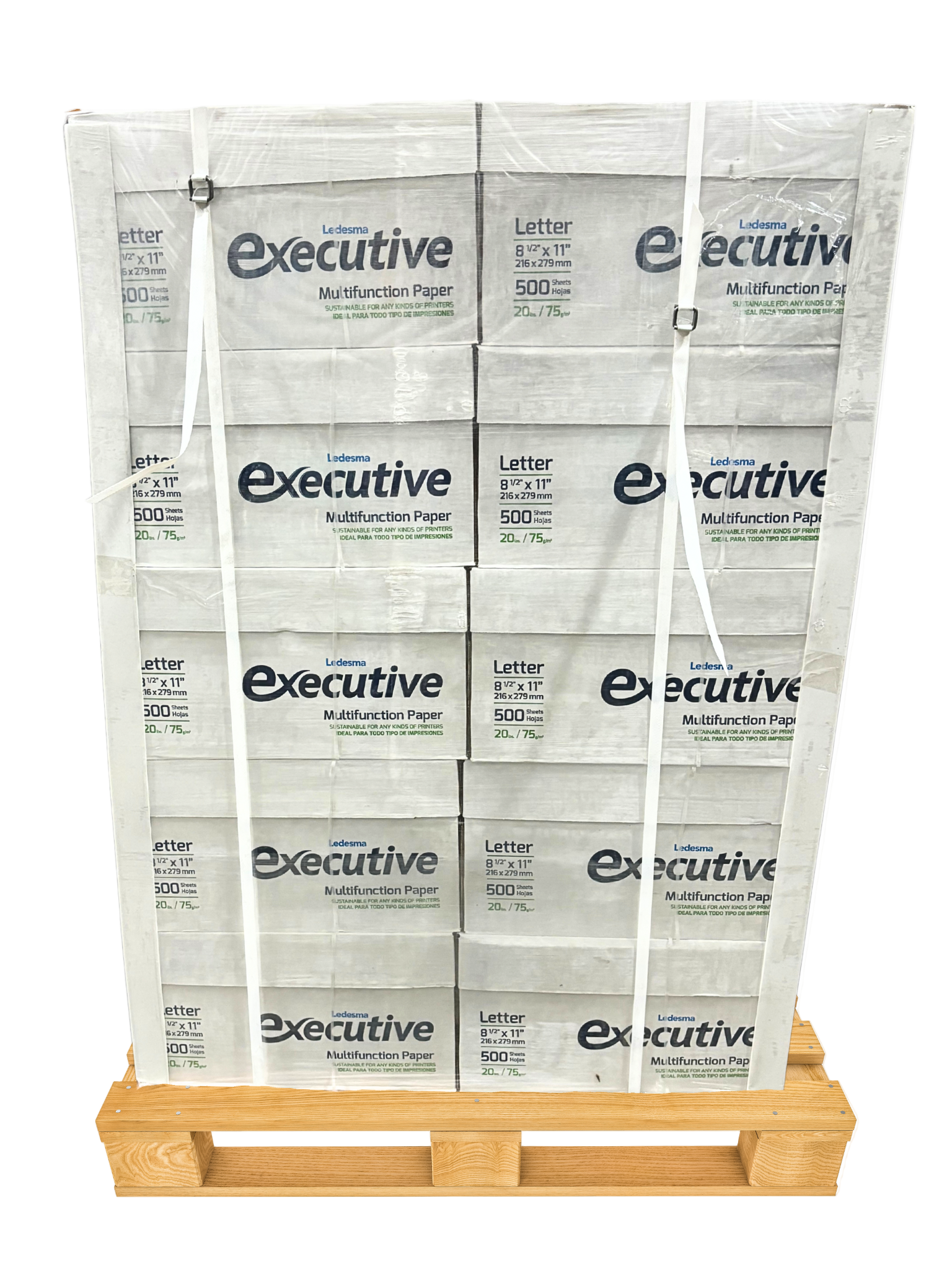 A pallet containing 40 boxes, each box labeled 'Executive' and indicating a weight of 20 lb, size 8.5x11 inches, suggesting the paper is letter-sized and white.